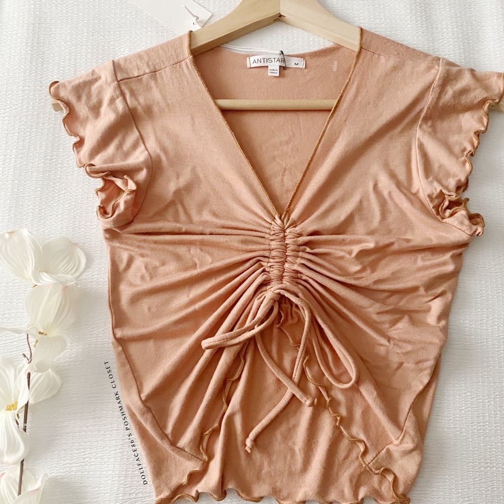 NWT Taupe Lettuce Hemline Ruched Drawstring Cropped Tee